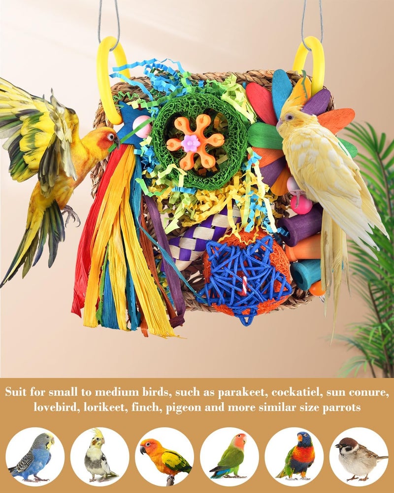 ERKOON Bird Cockatiel Toys Foraging Toys Hanging Parrot Toys for Lovebrid Parakeets Conures Bird Foraging Wall with Colorful Toys for Birds Shredding Seagrass, Birds Cage Toy Accessories - Image 4